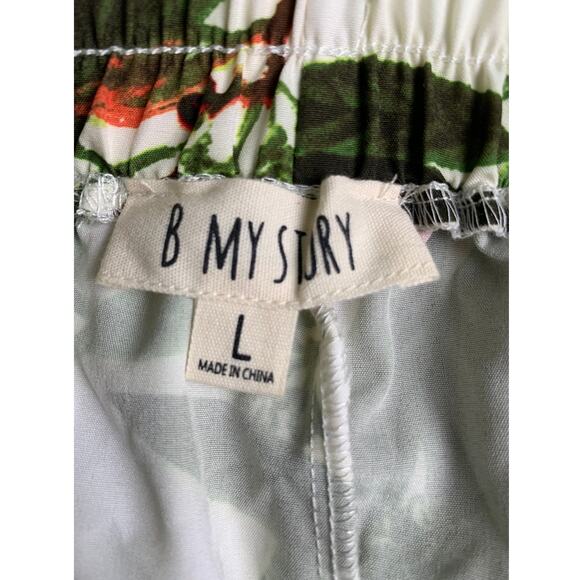 B My Story Long Wide Leg Pants With Berry ,Leaf , Red Bird Print Elastic Waist L - Picture 2 of 11